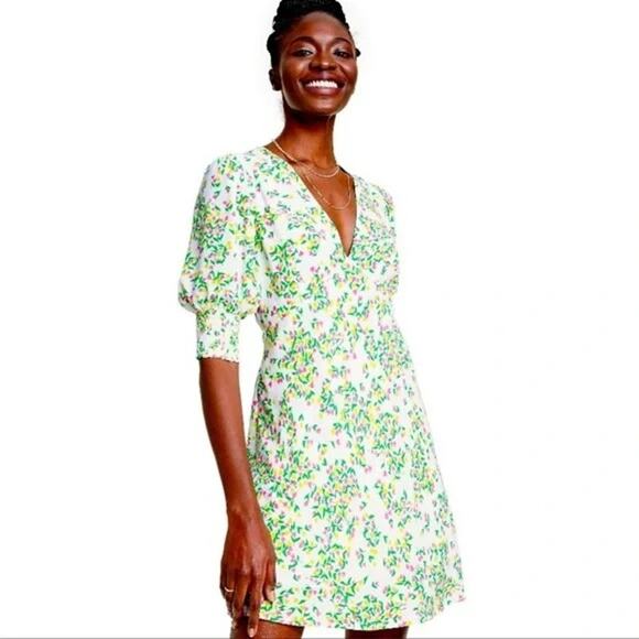 Rixo for Target Mini Dress Womens 2 Green Floral V-Neck Puff 3/4 Sleeve Coquette - Picture 1 of 6